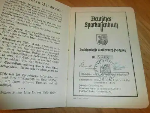 altes Sparbuch Waldenburg i. Sa., 1942 - August 1945 , Walter Linke in Waldenburg i. Sa. , Sparkasse , Bank !!