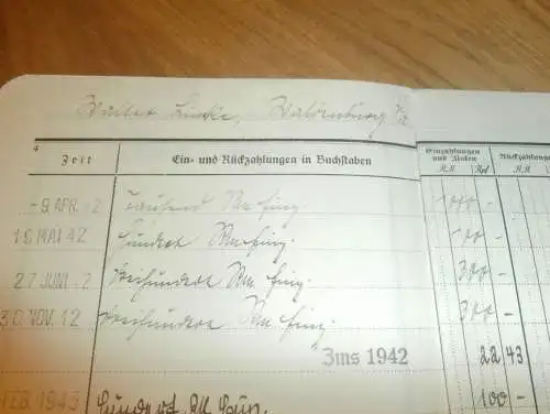 altes Sparbuch Waldenburg i. Sa., 1942 - August 1945 , Walter Linke in Waldenburg i. Sa. , Sparkasse , Bank !!