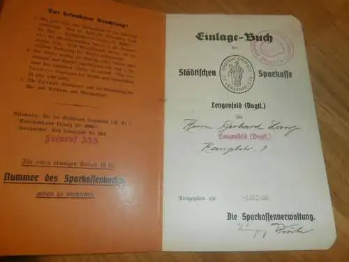 altes Sparbuch Lengenfeld i. Vogtland , 1939 - April 1945 , Gerhard Lang in Lengenfeld i. Vogtl., Sparkasse , Bank !!