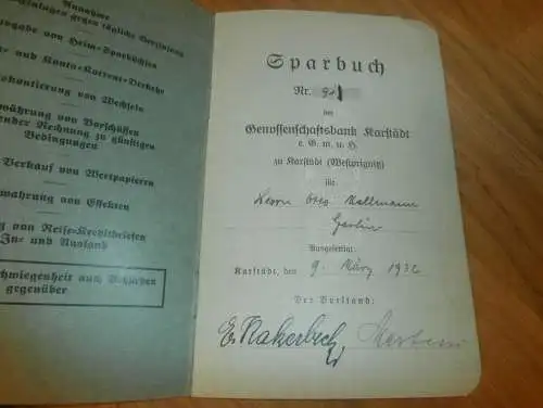 altes Sparbuch Karstädt / Westprignitz , 1932 - 1945 , Otto Mellmann in Garlin / Karstädt , Sparkasse , Bank !!