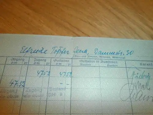 altes Sparbuch Jena, 1952 - 1955 , Elfriede Töpfer in Jena , Sparkasse , Bank !!