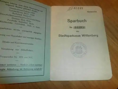 altes Sparbuch Wittenberg , 1935 - 1946 , Helmut Meyer in Wittenberg , Sparkasse , Bank !!