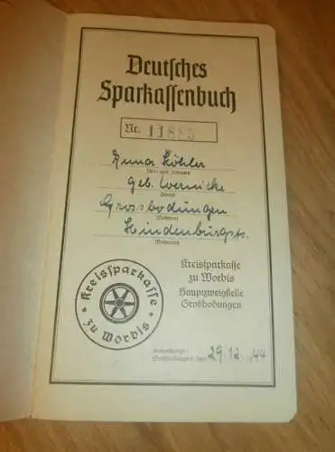 altes Sparbuch Grossbodungen / Worbis , 1944 - 1945 , Anna Köhler in Grossbodungen , Sparkasse , Bank !!