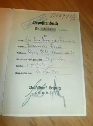 altes Sparbuch Leipzig , 1941 - 1945 , Erna Unger geb. Ritterbusch , Fleischer , Sparkasse , Bank !!