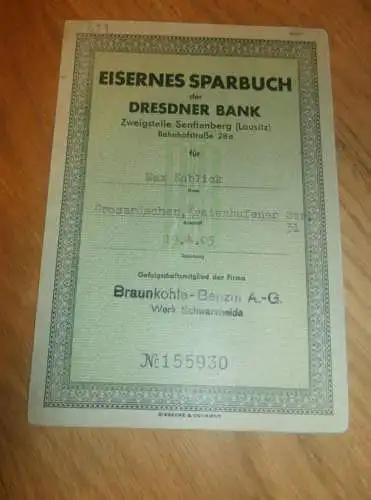 altes Sparbuch Senftenberg / Grossräschen , 1942 - 1944 , Max Kublick , Fa. Braunkohle-Benzin AG , Sparkasse , Bank !!
