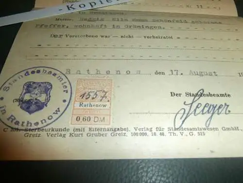 Sterbeurkunde , Siedler Hubertus Schönfeld in Gräningen / Nennhausen 1949/50, Rathenow , Pfeffer !!!