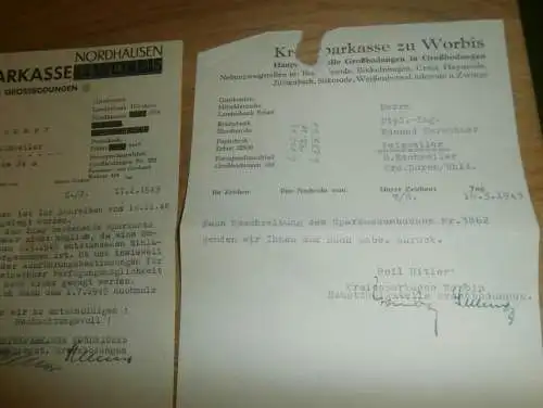 3 Dokumente Worbis / Großbodungen , Neustadt , Eschweiler / Weisweiler , 1943 - 1949 , Sparkasse , Bank !!!