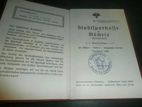 altes Sparbuch Mücheln , 1941 , Ingrid Wesche in Mücheln / Geiseltal , Sparkasse , Bank !!!