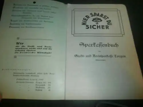 altes Sparbuch Torgau , 1939 , Fritz Zobel , Sparkasse , Bank !!!