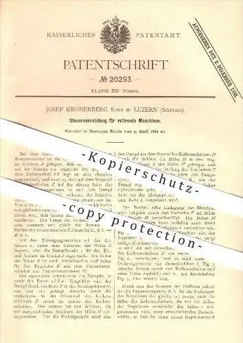 original Patent - Josef Kronenberg Sohn in Luzern , 1882 , Steuervorrichtung für rotierende Maschinen !!!