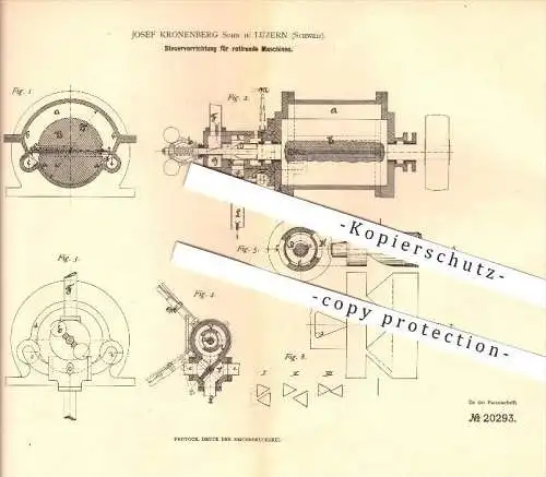 original Patent - Josef Kronenberg Sohn in Luzern , 1882 , Steuervorrichtung für rotierende Maschinen !!!