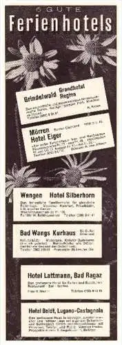 original Werbung / Reklame - 1959 - Ferienhotels Bad Wangs , Ragaz , Wengen , Mürren , Grindelwald , Lugano , Hotel !!!