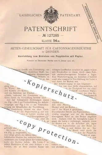 original Patent - AG für Cartonnagenindustrie , Dresden , 1901 , Bekleben von Pappkästen mit Papier | Karton , Pappe !!