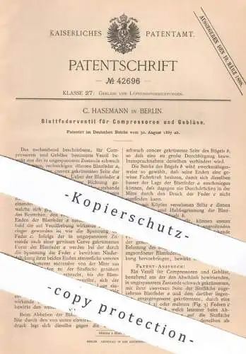 original Patent - C. Hasemann , Berlin , 1887 , Blattfederventil für Kompressoren und Gebläse | Ventil | Kompressor !!