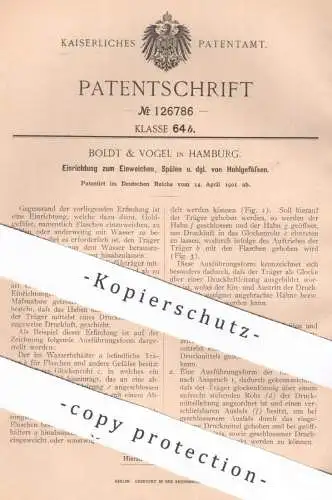 original Patent - Boldt & Vogel , Hamburg , 1901 , Einweichen, Spülen von Flaschen | Gas , Gläser , Flasche