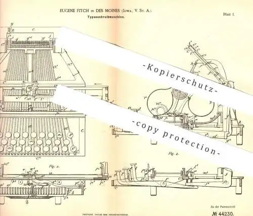 original Patent - Eugene Fitch in des Moines , Jowa , USA , 1887 , Typenschreibmaschine | Schreibmaschine , Druck !!