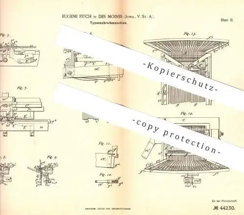 original Patent - Eugene Fitch in des Moines , Jowa , USA , 1887 , Typenschreibmaschine | Schreibmaschine , Druck !!