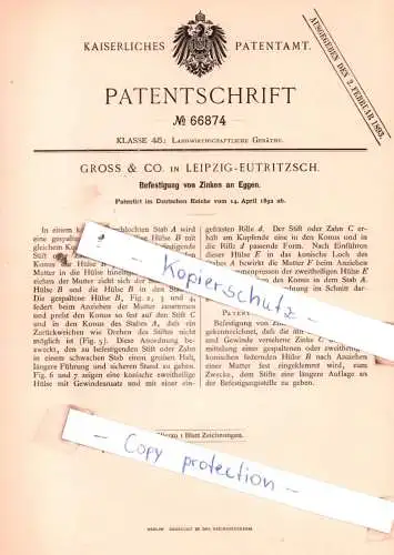 original Patent - Gross & Co. in Leipzig-Eutritzsch , 1892 , Befestigung von Zinken an Eggen !!!