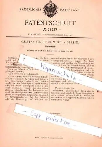 original Patent - Gustav Goldschmidt in Berlin , 1892 , Schrankbett !!!