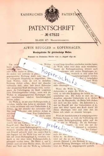 original Patent - Alwin Beugger in Kopenhagen , 1892 , Wendegetriebe für gleichachsige Wellen !!!