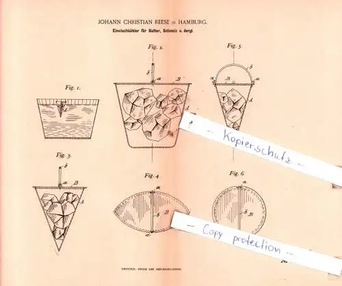original Patent - Johann Christian Reese in Hamburg , 1892 , Einsteckkühler für Butter, Schmalz u. dergl. !!!
