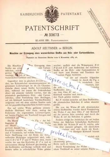 original Patent - Adolf Reuthner in Berlin , 1884 , Papierfabrikation !!!