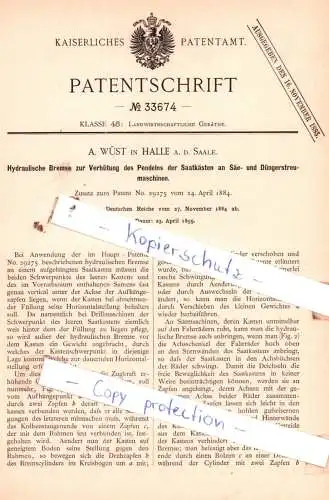 original Patent - A. Wüst in Halle a. d. Saale , 1884 , Landwirthschaftliche Geräthe !!!