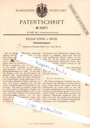 original Patent - William Köhne in Berlin , 1885 , Selterwasserapparat !!!