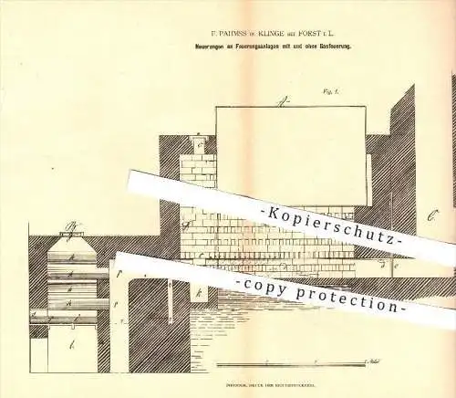 original Patent - F. Pahmss in Klinge bei Forst , 1878 , Feuerungsanlagen mit und ohne Gasfeuerung , Gas , Heizung !!!