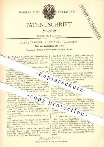 original Patent - H. Angerstein in Schalke , 1883 , Ofen zur Verkohlung von Torf , Öfen , Brennstoffe , Heizung , Kohle