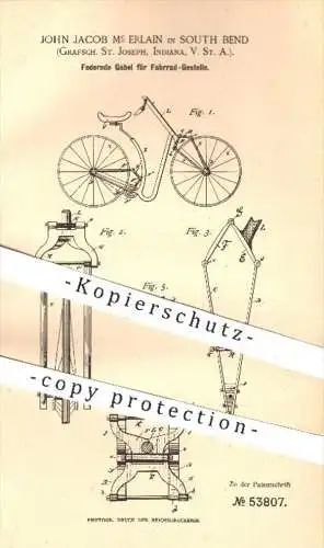 original Patent - J. J. Mc Erlain , South Bend , Grafschaft St. Joseph , Indiana , USA , 1890 , Gabel für Fahrrad !!