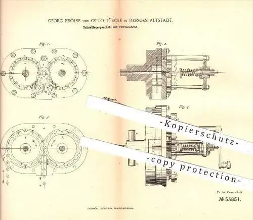 original Patent - G. Prölss , O. Türcke , Dresden , 1890 , Schnellfeuergeschütz mit Patronenband , Waffen , Geschütze !!