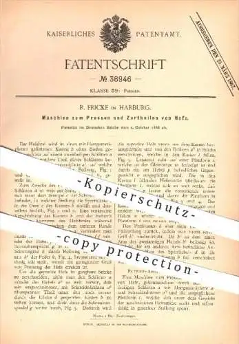 original Patent - R. Fricke in Harburg , 1886 , Maschine zum Pressen und Zerteilen von Hefe , Presse , Bier , Brauerei