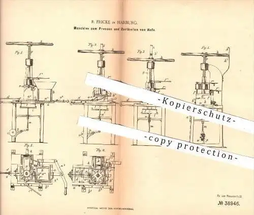 original Patent - R. Fricke in Harburg , 1886 , Maschine zum Pressen und Zerteilen von Hefe , Presse , Bier , Brauerei