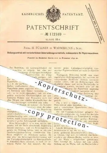 original Patent - H. Füllner , Warmbrunn / Schlesien , 1899 , Reibungsantrieb für Papiermaschinen , Papierfabrik !!!