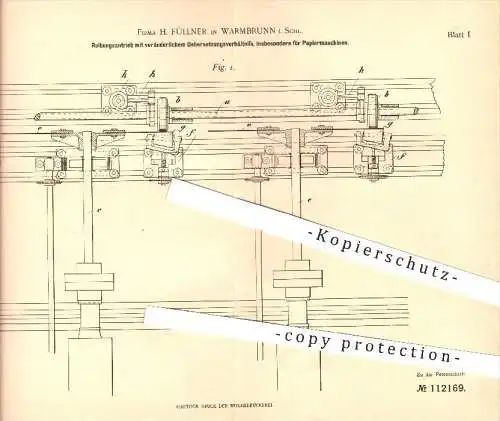 original Patent - H. Füllner , Warmbrunn / Schlesien , 1899 , Reibungsantrieb für Papiermaschinen , Papierfabrik !!!