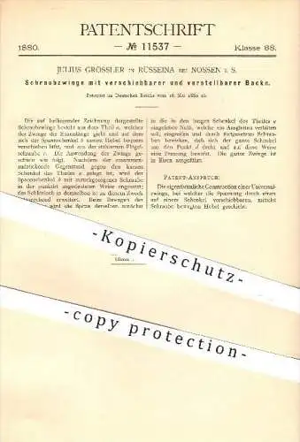 original Patent - J. Grössler , Rüsseina / Nossen , 1880 , Schraubzwinge mit verstellbarer Backe , Zwinge , Werkzeug !!