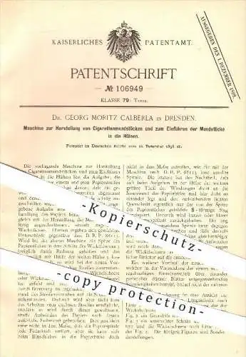 original Patent - Dr. Georg M. Calberla , Dresden , 1898 , Herstellung von Zigaretten - Mundstücken , Tabak , Rauchen !!