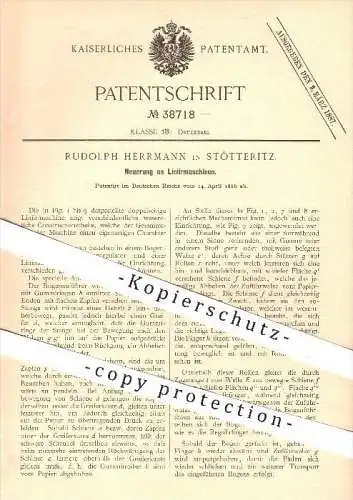 original Patent - Rudolph Herrmann in Stötteritz , 1886 , Liniermaschine , Linieren , Lineal , Druck , Druckerei !!!