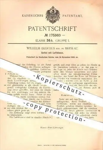 original Patent - Wilh. Deditius / Breslau , 1905 , Sattel mit Luftkissen , Pferd , Pferde , Reiten , Reiter , Sport !!!
