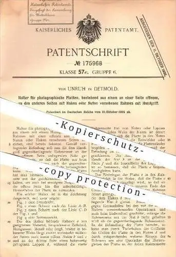 original Patent - von Unruh , Detmold , 1905 , Halter für photographische Platten , Fotografie , Fotograf , Photographie