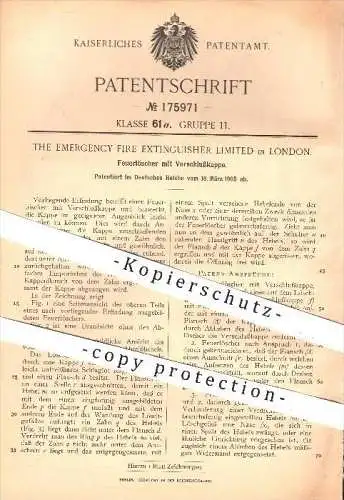 original Patent - The Emergency Fire Extinguisher Limited , London , 1905 , Feuerlöscher mit Verschlusskappe , Feuerwehr