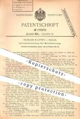 original Patent - Richard Kaatzer in Berlin , 1905 , Antrieb für Motorfahrzeuge , Motor , Motoren , Automobil , Auto !!