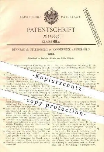 original Patent - Bernsau & Uellenberg , Varresbeck / Elberfeld , 1903 , Schloss , Türschloss , Schlösser , Tür , Riegel
