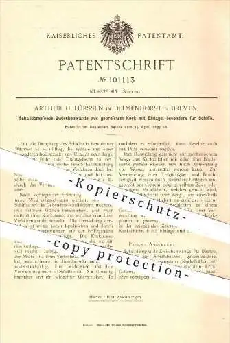 original Patent - A. H. Lürssen , Delmenhorst / Bremen , 1897 , Schalldämpfende Wände aus Kork , Schiffbau , Schiffe !!