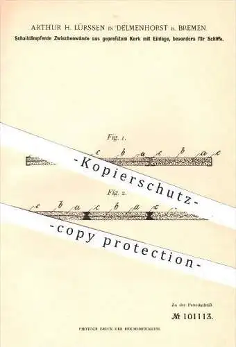 original Patent - A. H. Lürssen , Delmenhorst / Bremen , 1897 , Schalldämpfende Wände aus Kork , Schiffbau , Schiffe !!