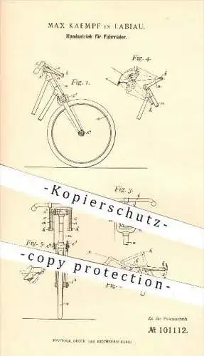 original Patent - Max Kaempf , Labiau , 1897 , Handantrieb für Fahrräder , Fahrrad , Antrieb , Rad , Räder , Fahrzeugbau