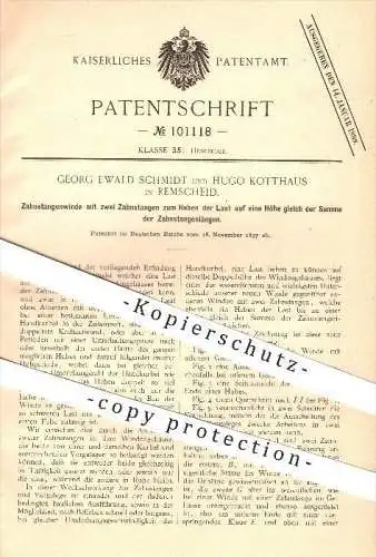 original Patent - G. E. Schmidt / H. Kotthaus , Remscheid , 1897 , 2 Zahnstangen - Gewinde , Hebezeug , Hebewerk , Winde