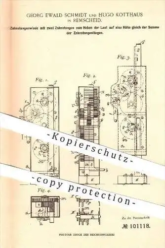 original Patent - G. E. Schmidt / H. Kotthaus , Remscheid , 1897 , 2 Zahnstangen - Gewinde , Hebezeug , Hebewerk , Winde