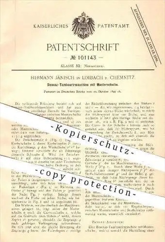 original Patent - H. Jänisch , Limbach / Chemnitz , 1897 , Bonnaz - Tambouriermaschine mit Musterscheibe , Nähmaschinen